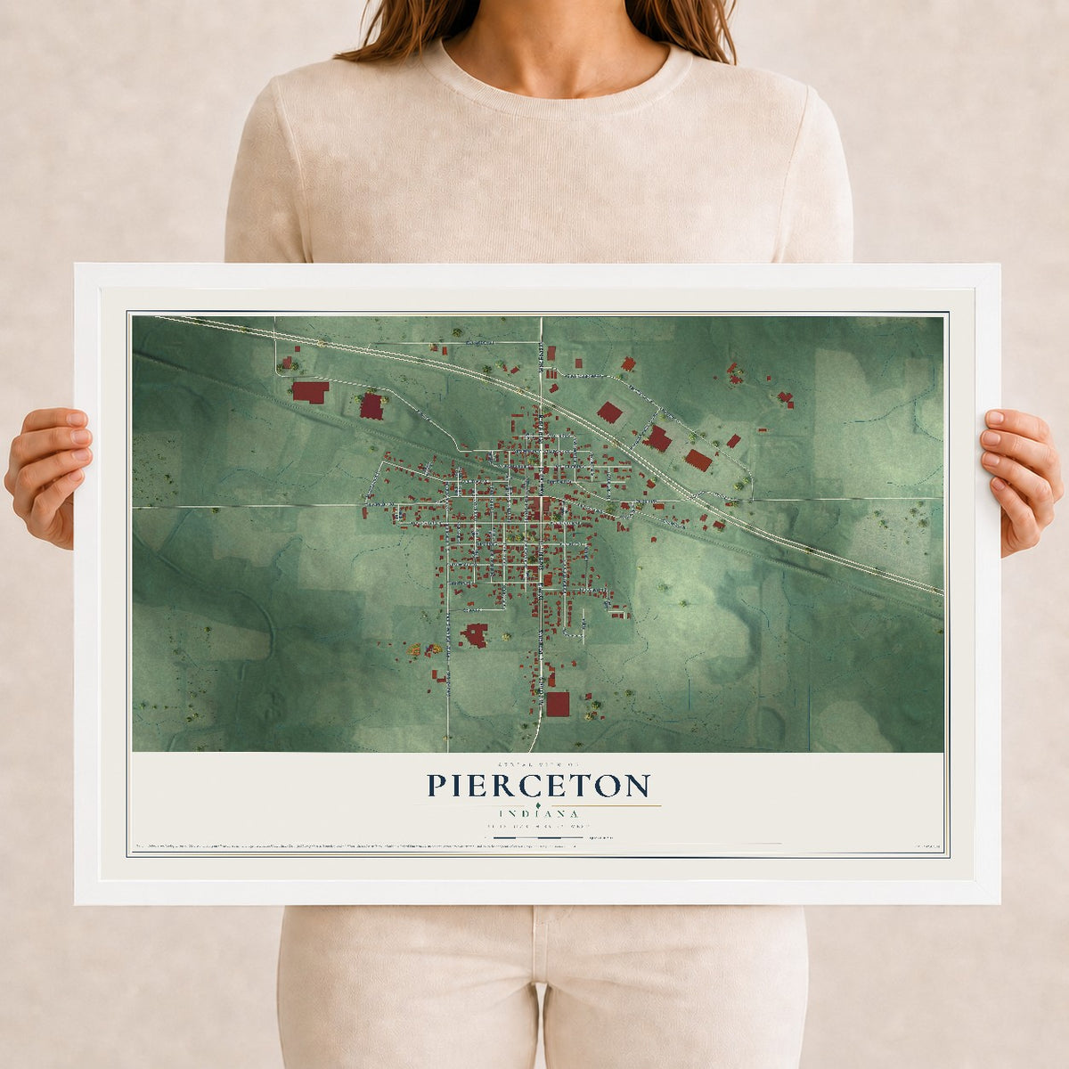 Map of Pierceton, Indiana, 12 x 18 inch print in a white wood frame