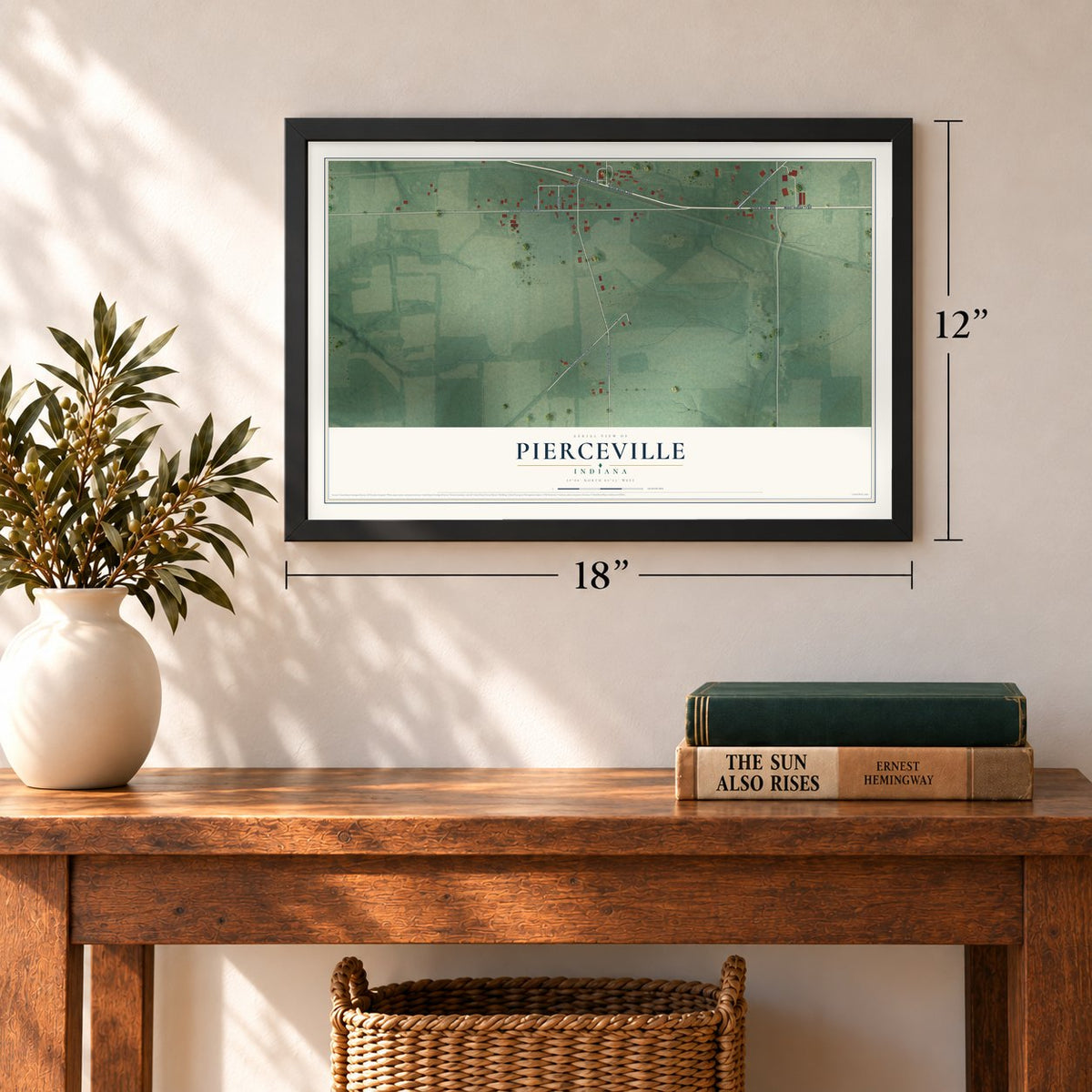 Pierceville, Indiana map, 12 x 18 inch print in a black frame in an entryway