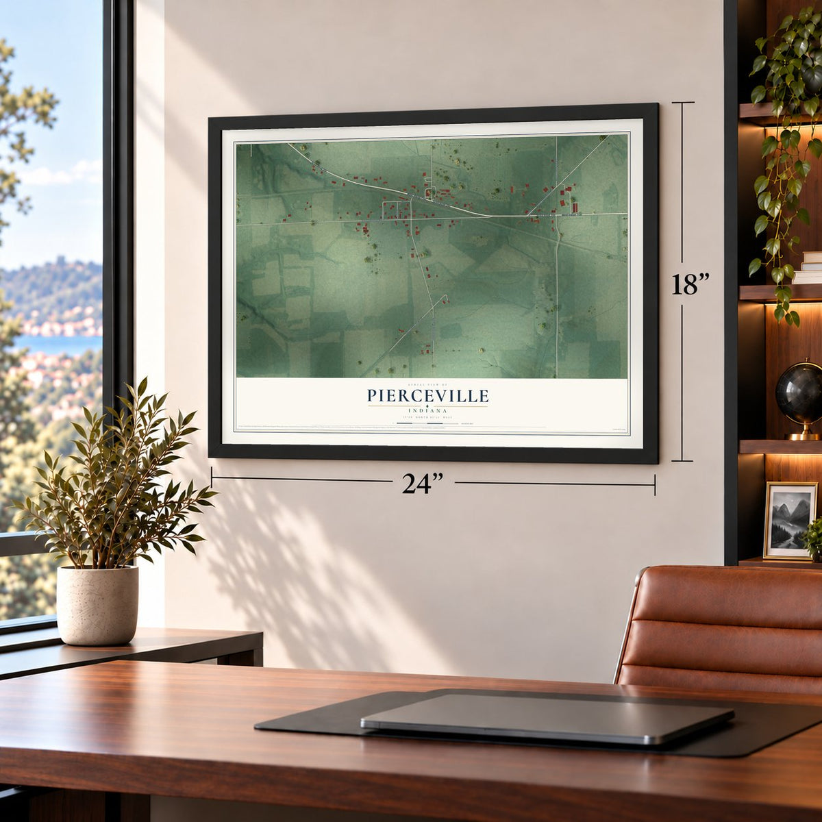 Pierceville, Indiana map, 18 x 24 inch print in a black frame in a home office