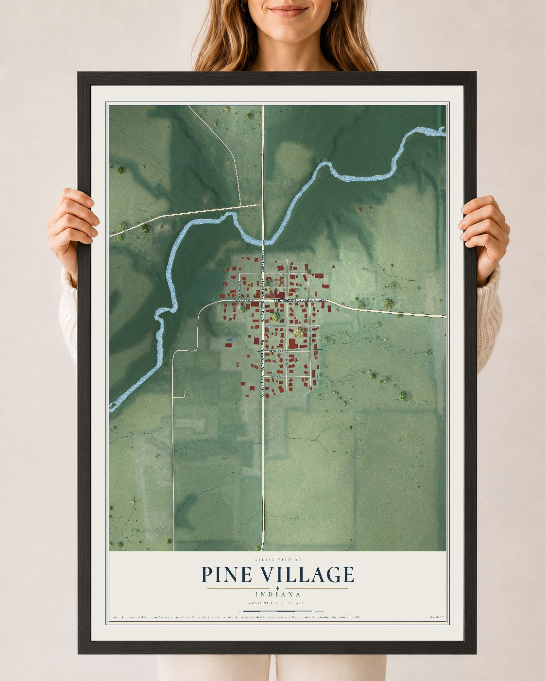 Map of Pine Village, Indiana, 24 x 36 inch print in a black wood frame