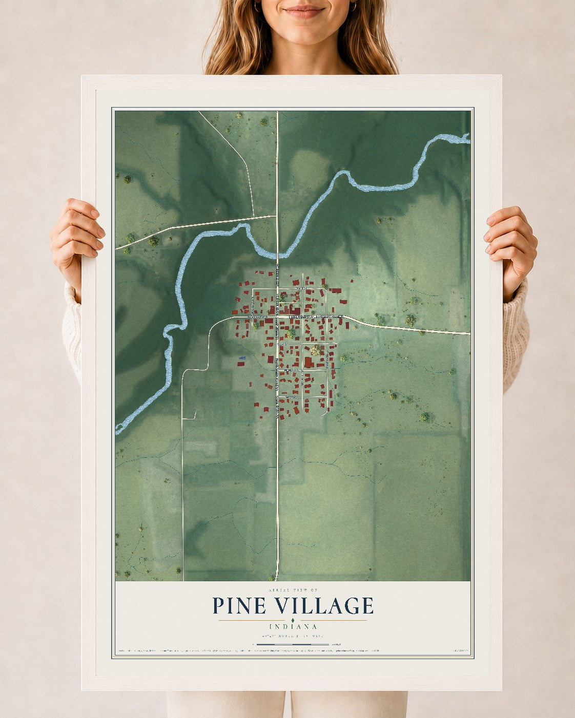 Map of Pine Village, Indiana, 24 x 36 inch print in a white wood frame