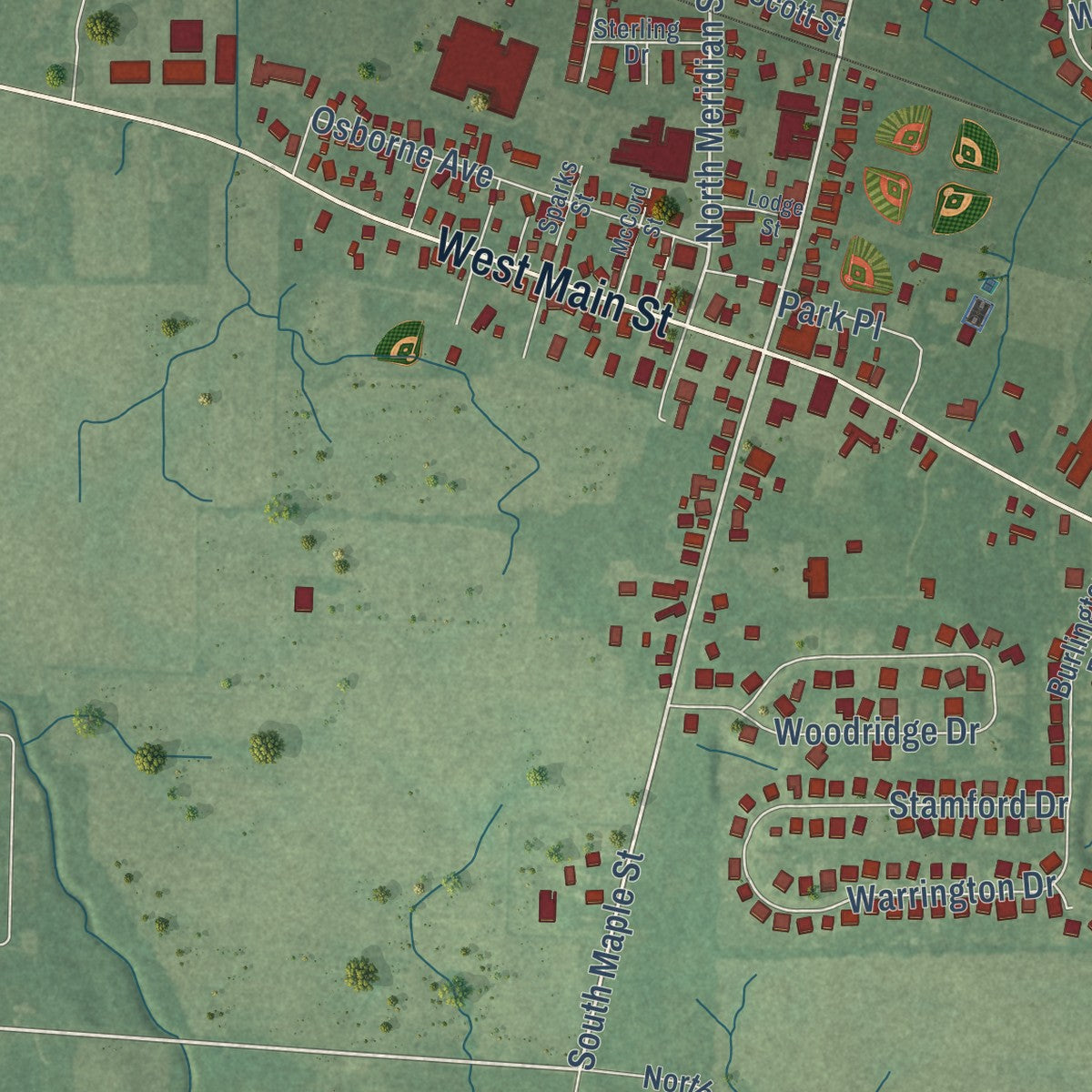 Close-up of the map of Pittsboro, Indiana print showing street and building detail