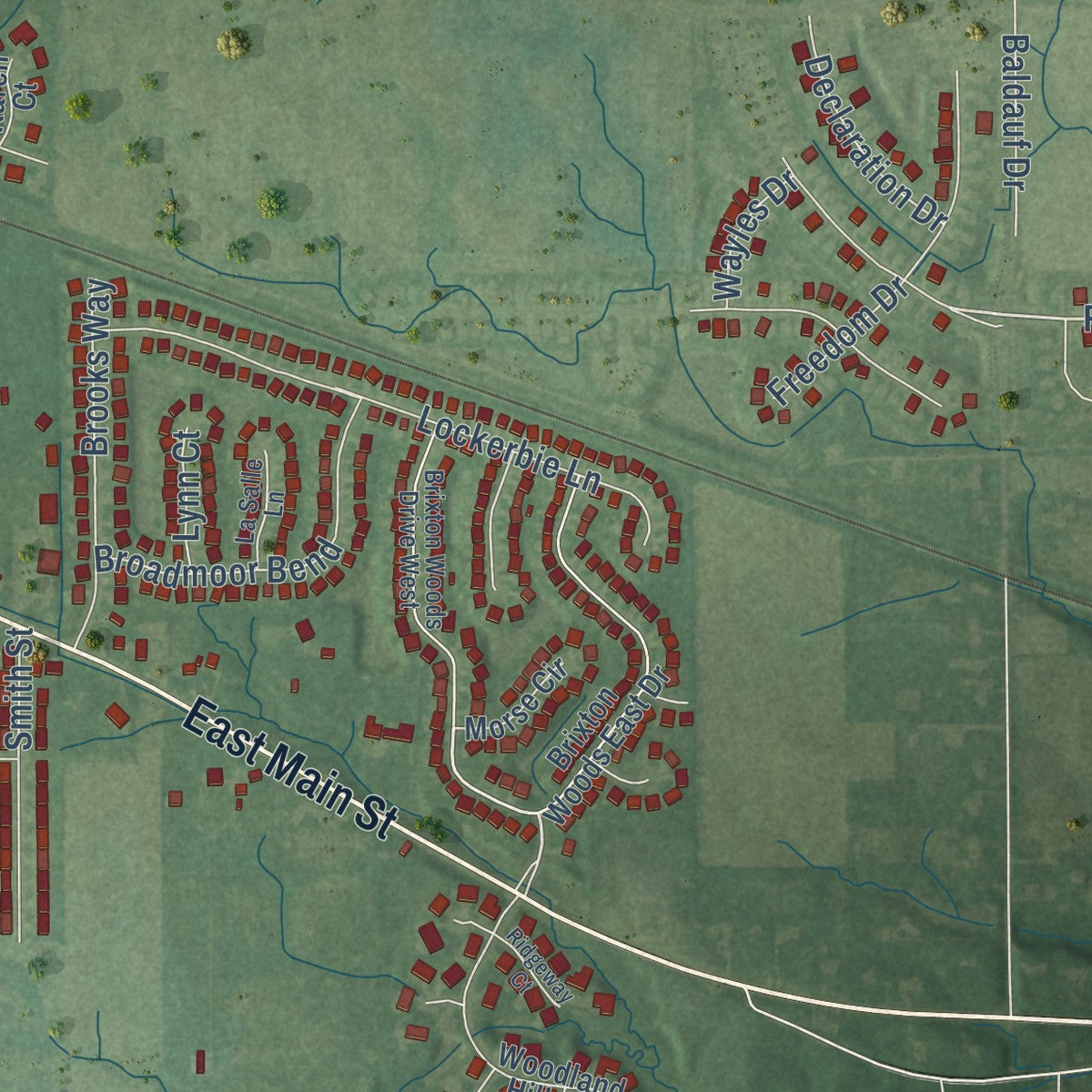 Second close-up of the map of Pittsboro, Indiana print showing more streets and buildings