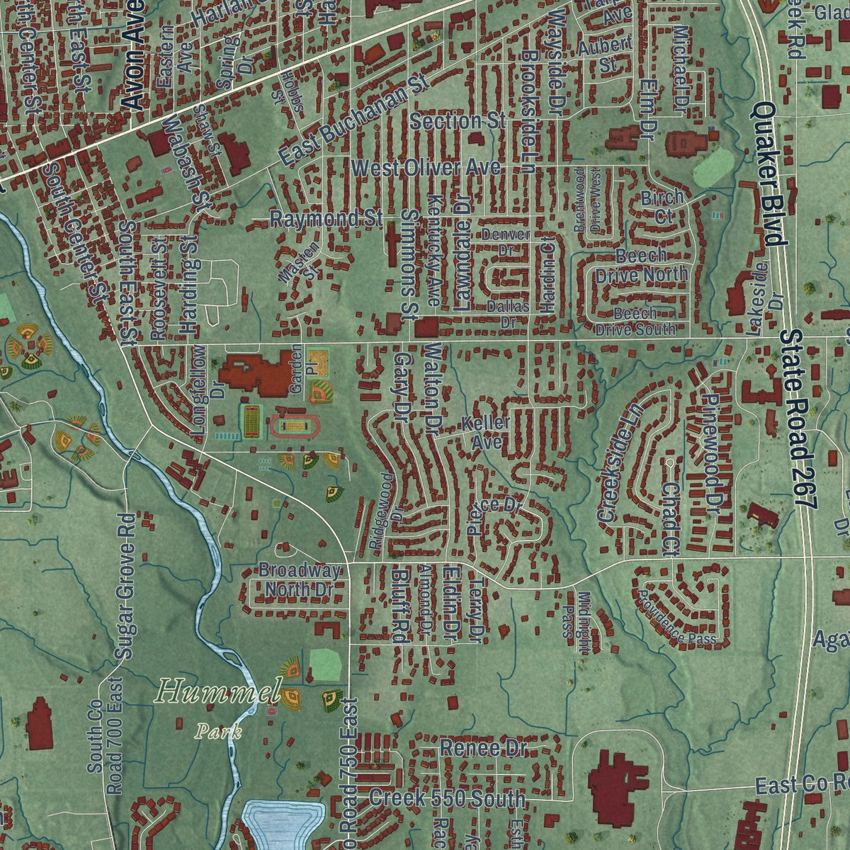 Close-up of the map of Plainfield, Indiana print showing street and building detail