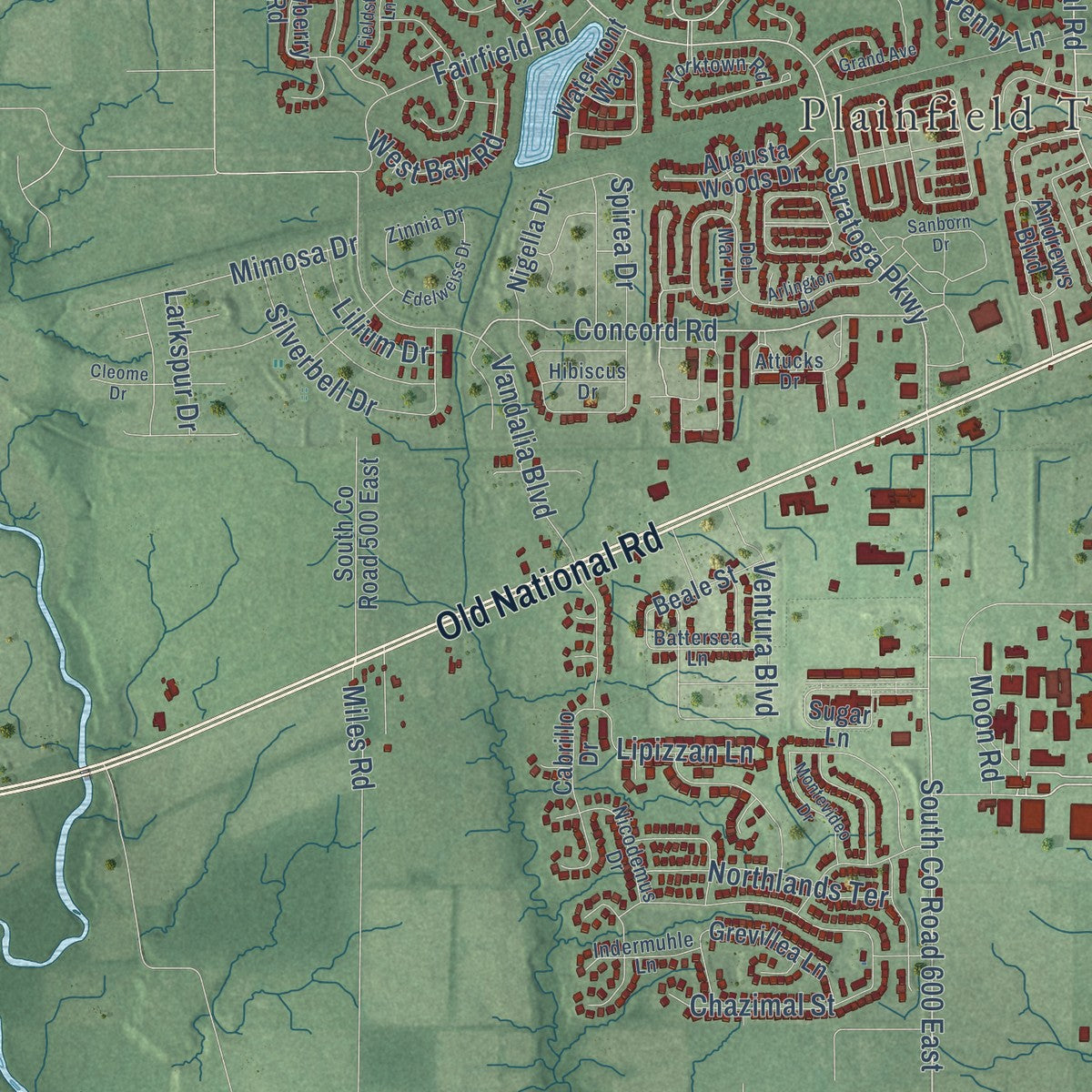 Second close-up of the map of Plainfield, Indiana print showing more streets and buildings