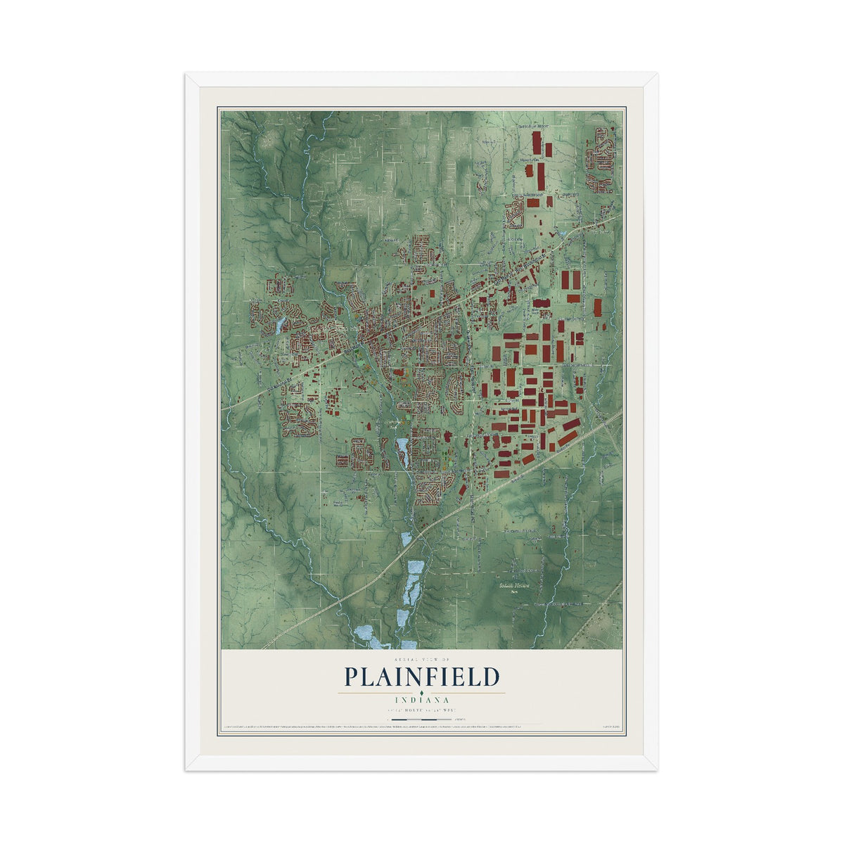 Map of Plainfield, Indiana, 12 x 18 inch print in a white wood frame