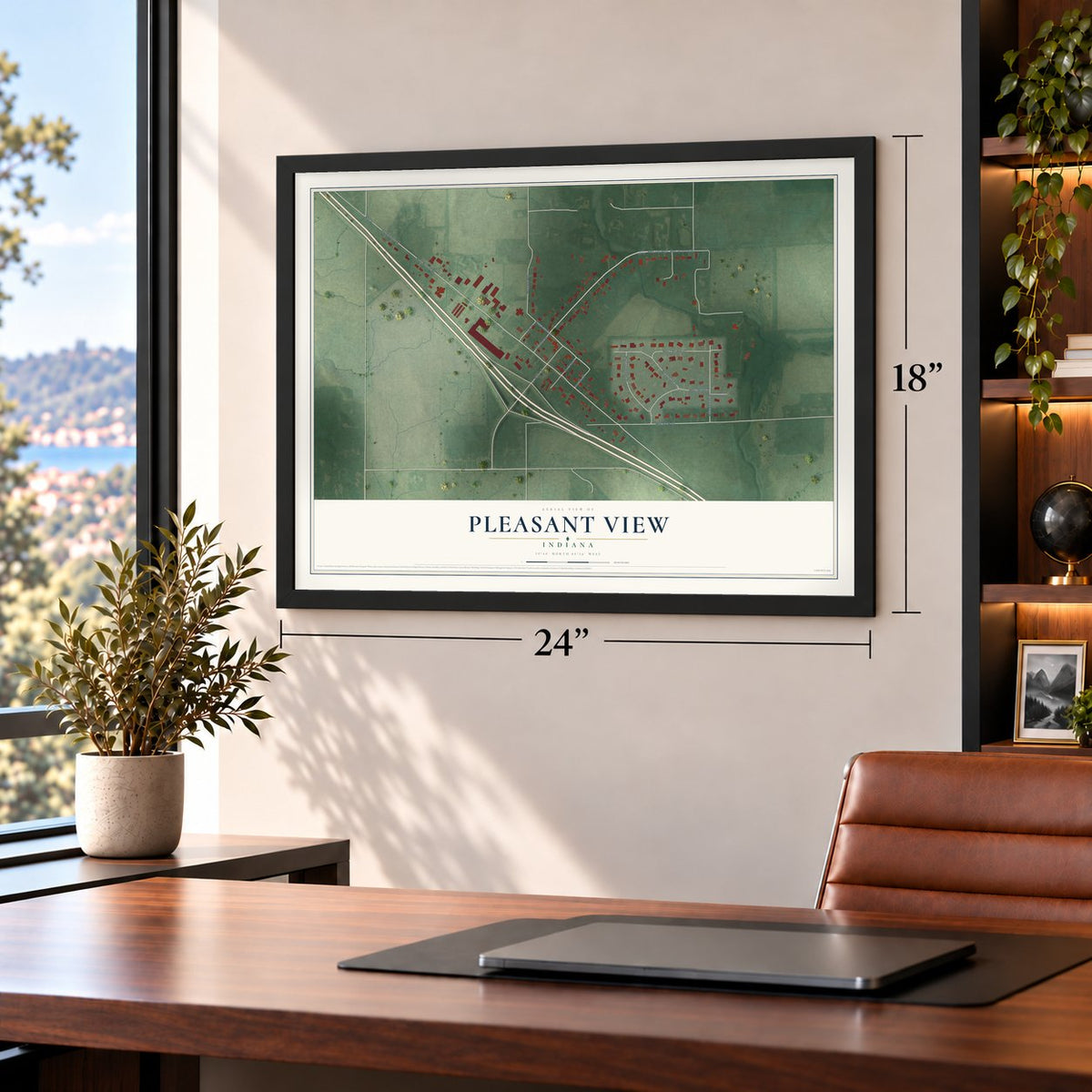 Pleasant View, Indiana map, 18 x 24 inch print in a black frame in a home office
