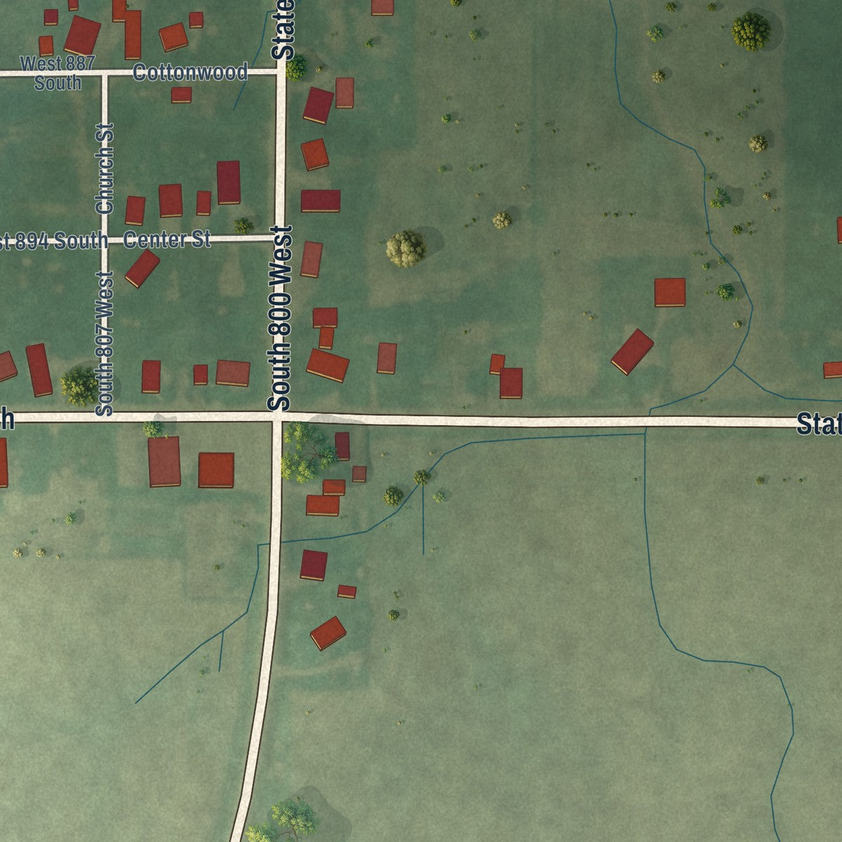 Close-up of the map of Point Isabel, Indiana print showing street and building detail