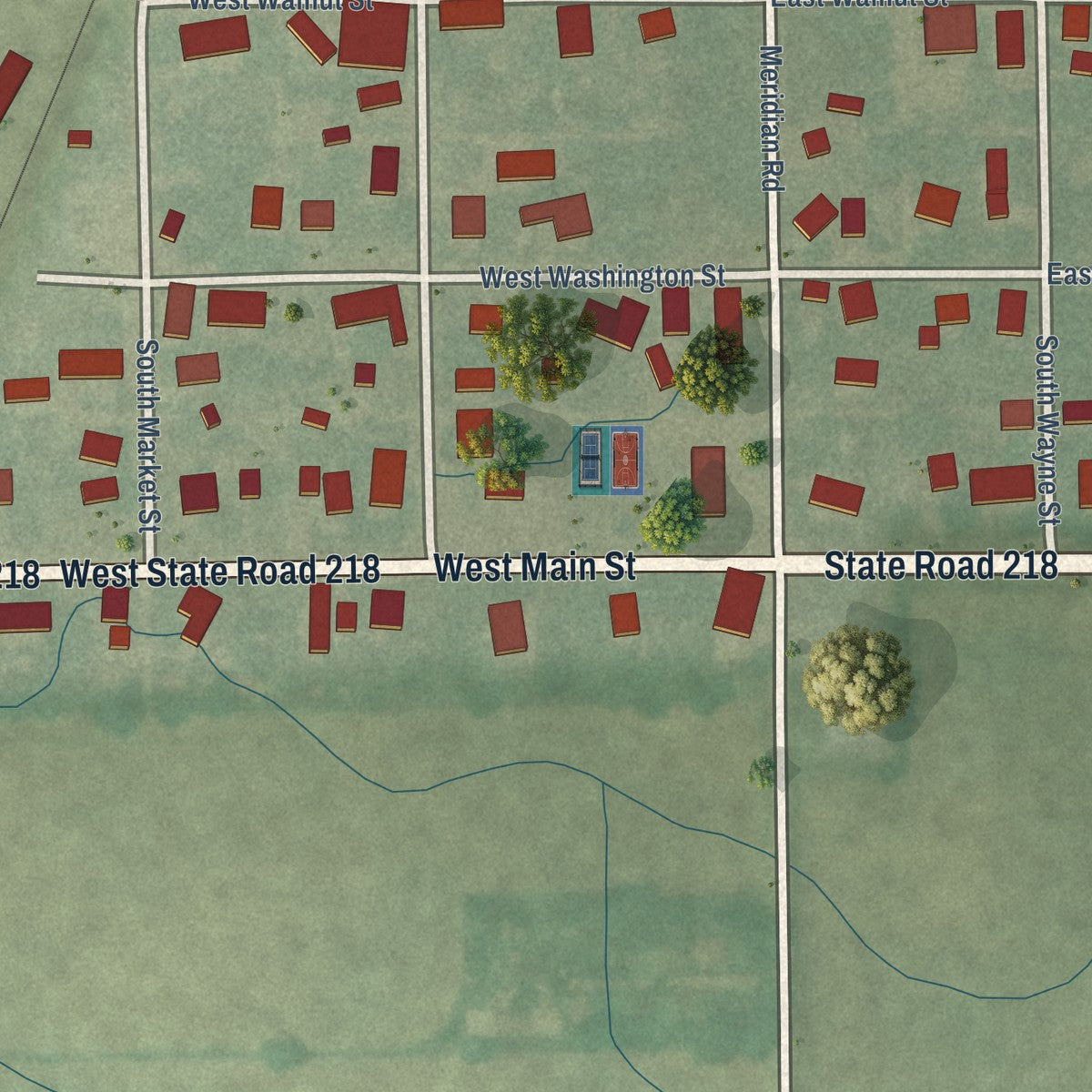 Close-up of the map of Poneto, Indiana print showing street and building detail