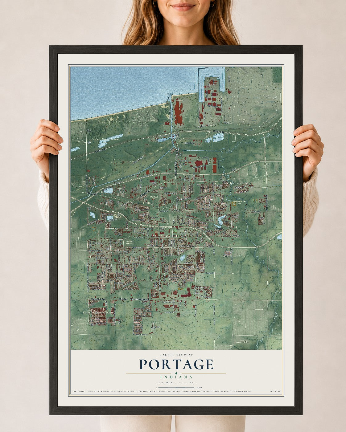 Map of Portage, Indiana, 24 x 36 inch print in a black wood frame