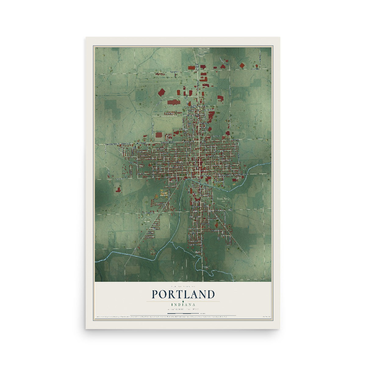 Map of Portland, Indiana, 12 x 18 inch unframed archival matte print