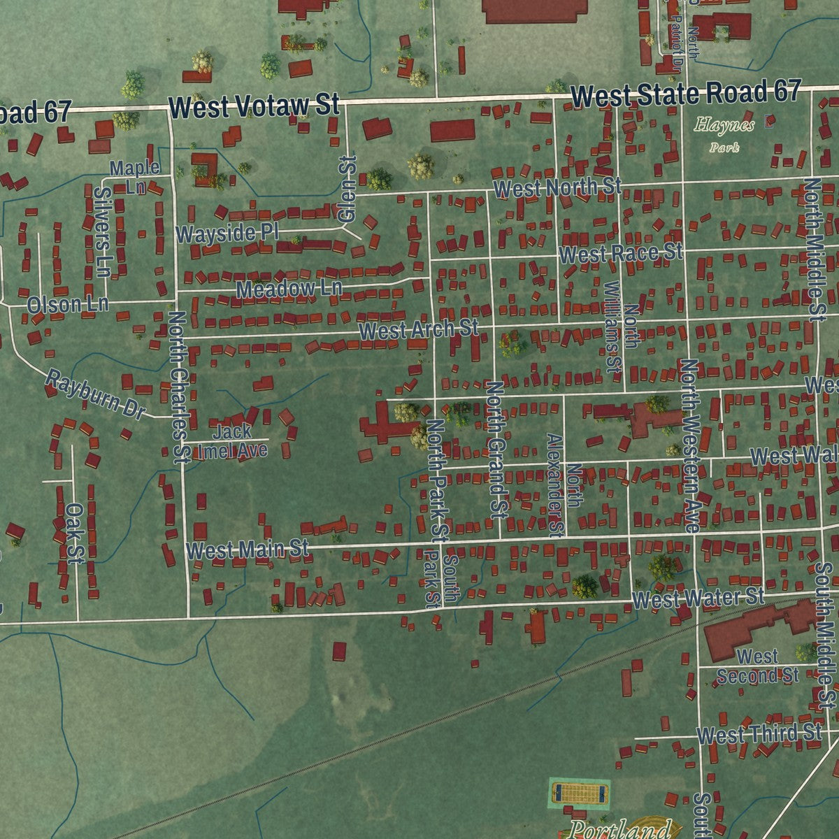 Second close-up of the map of Portland, Indiana print showing more streets and buildings