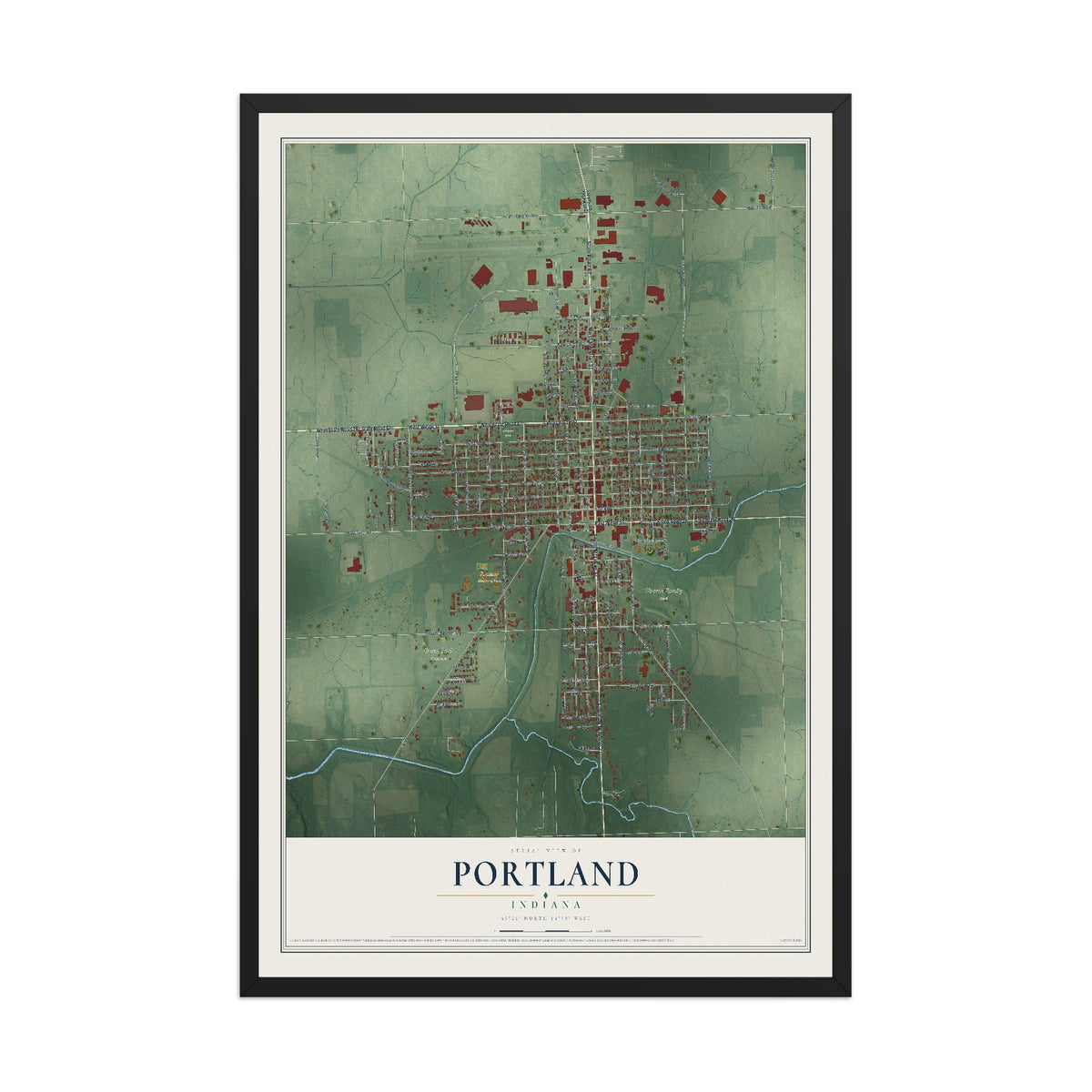 Map of Portland, Indiana, 12 x 18 inch print in a black wood frame
