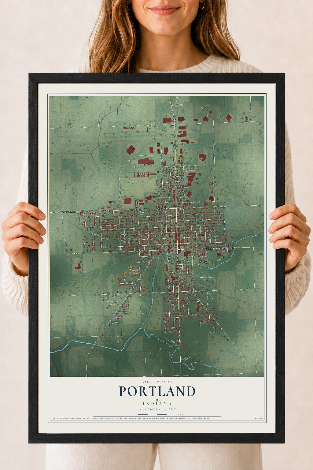 Map of Portland, Indiana, 18 x 24 inch print in a black wood frame