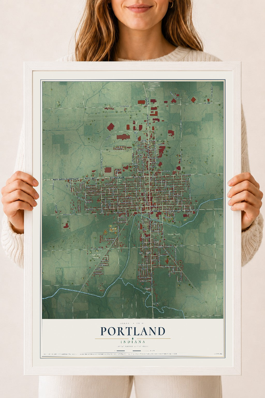 Map of Portland, Indiana, 18 x 24 inch print in a white wood frame