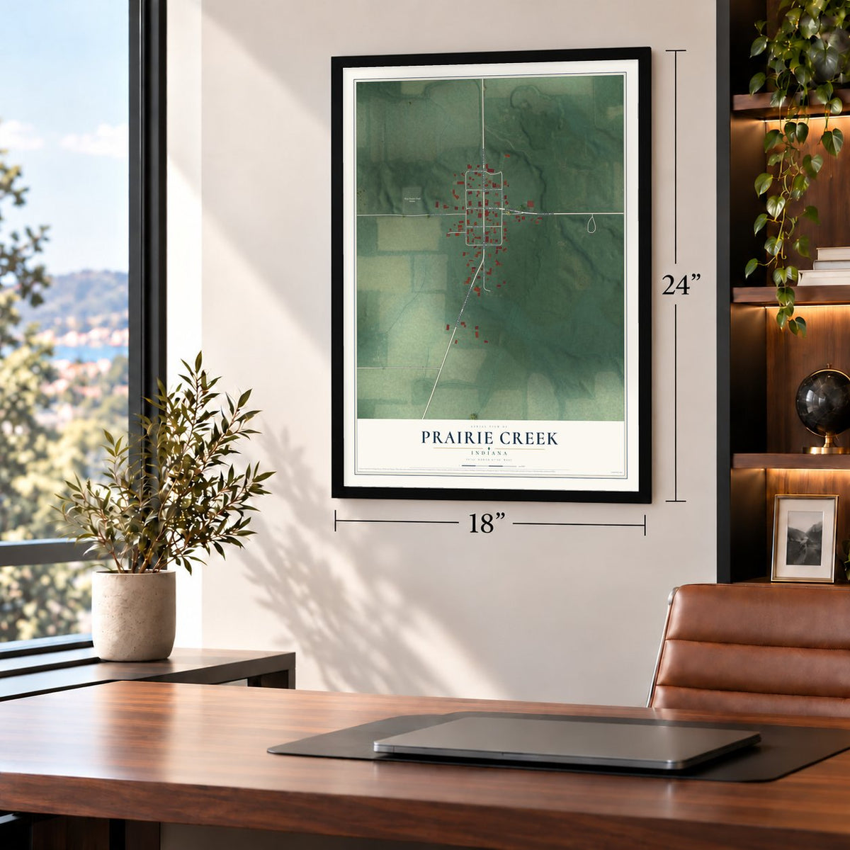 Prairie Creek, Indiana map, 18 x 24 inch print in a black frame in a home office