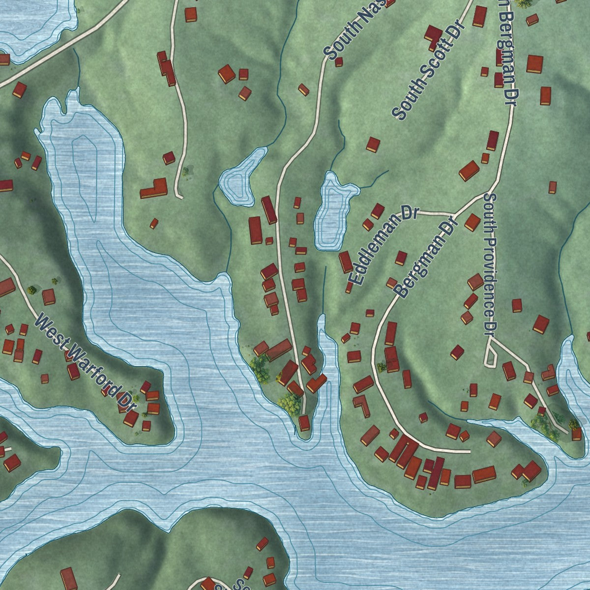 Close-up of the map of Prince's Lakes, Indiana print showing street and building detail