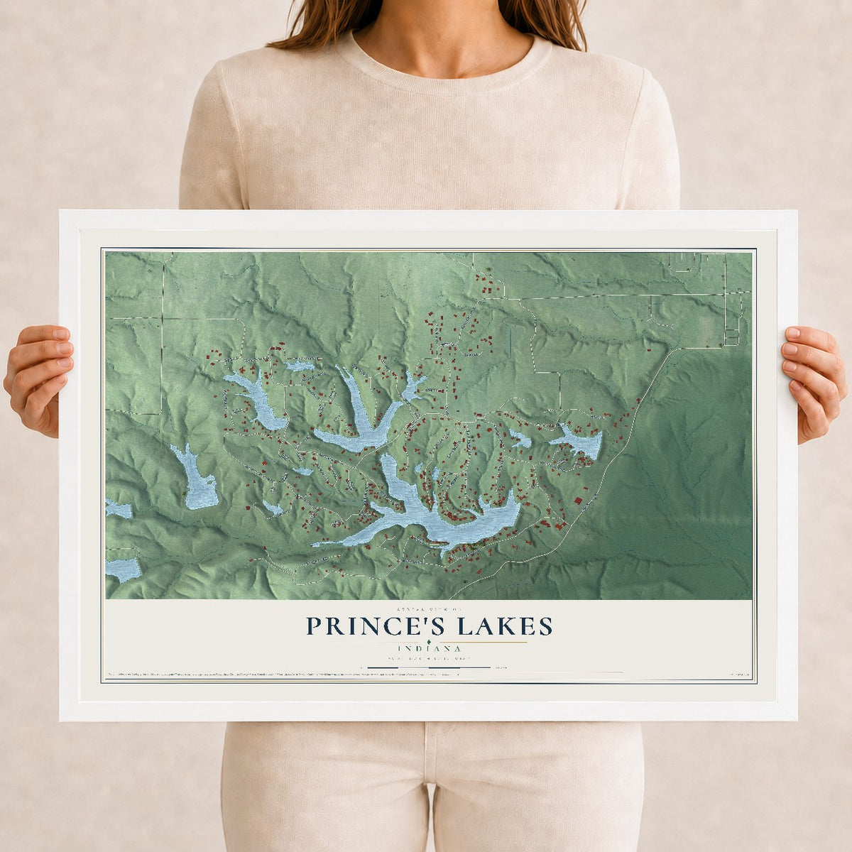 Map of Prince's Lakes, Indiana, 12 x 18 inch print in a white wood frame