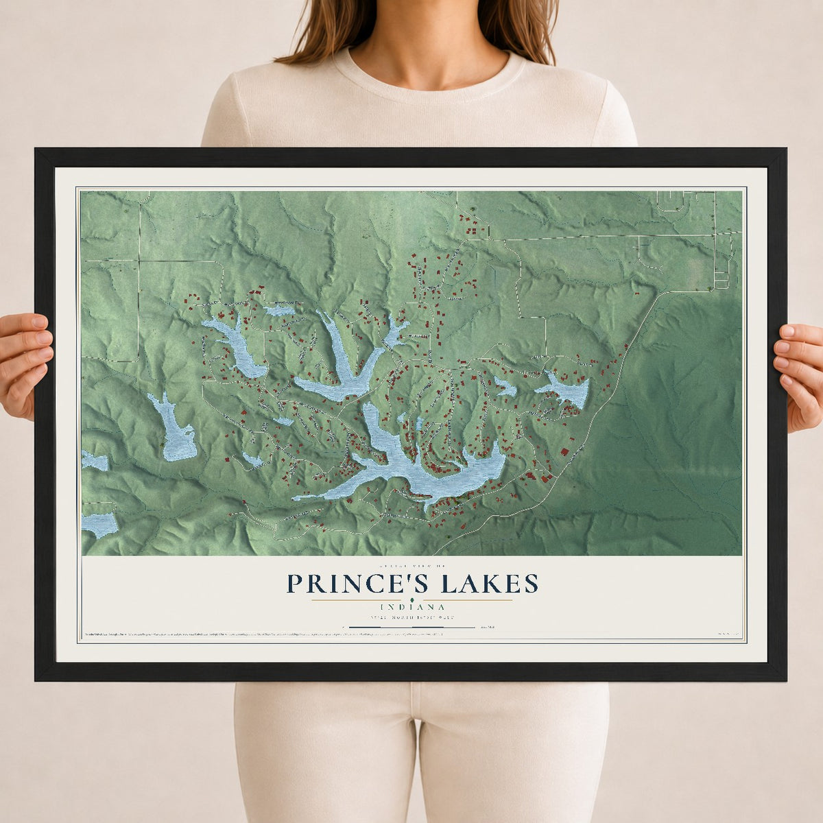 Map of Prince's Lakes, Indiana, 18 x 24 inch print in a black wood frame