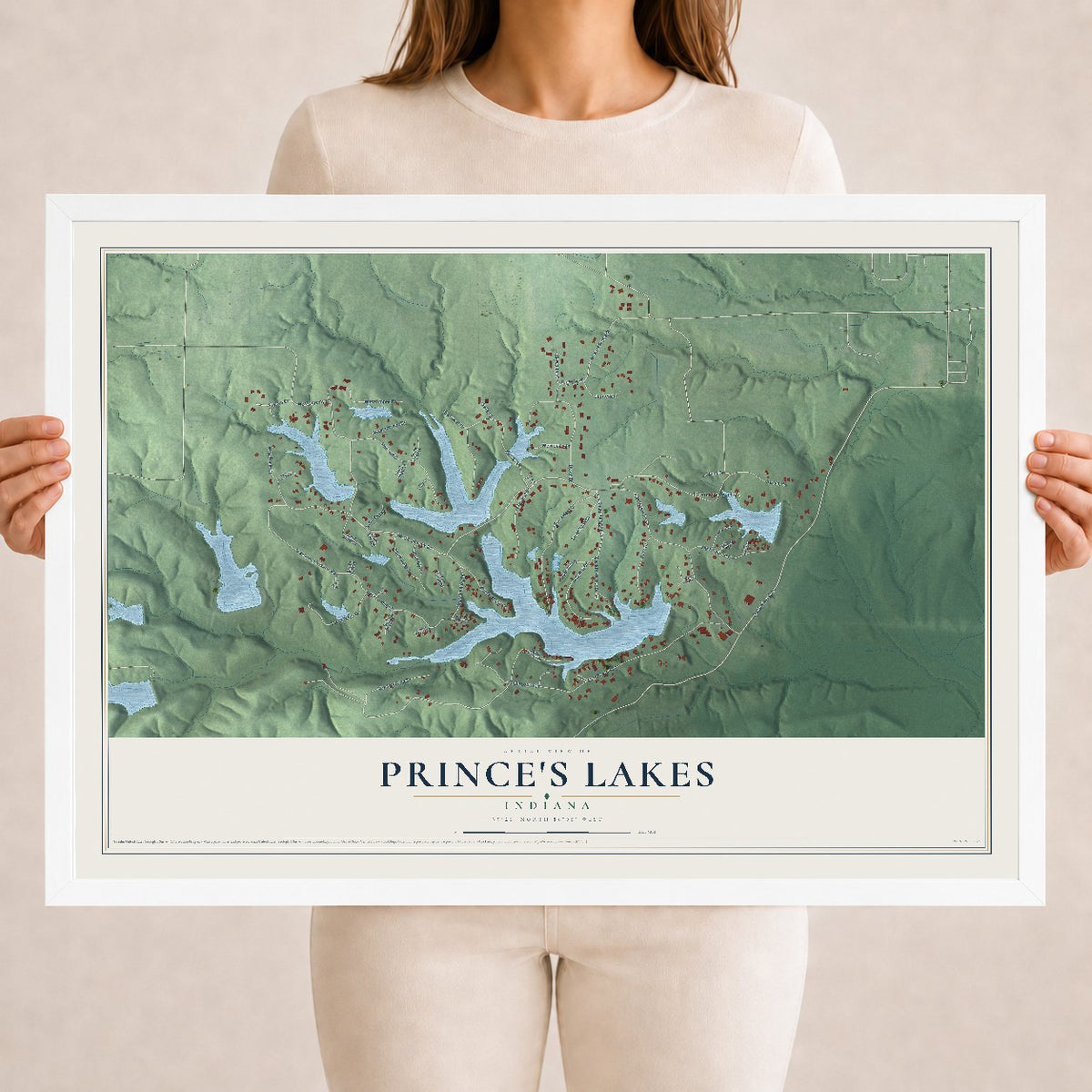 Map of Prince's Lakes, Indiana, 18 x 24 inch print in a white wood frame