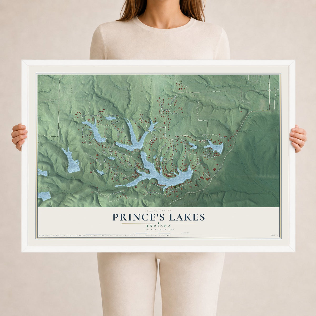 Map of Prince's Lakes, Indiana, 24 x 36 inch print in a white wood frame
