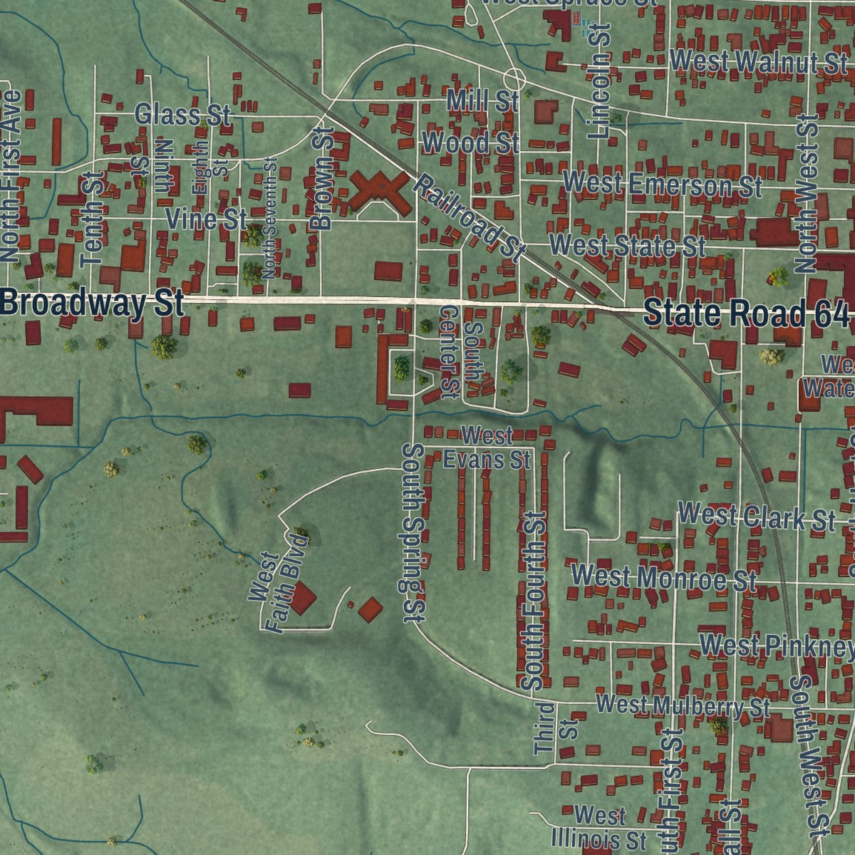 Second close-up of the map of Princeton, Indiana print showing more streets and buildings