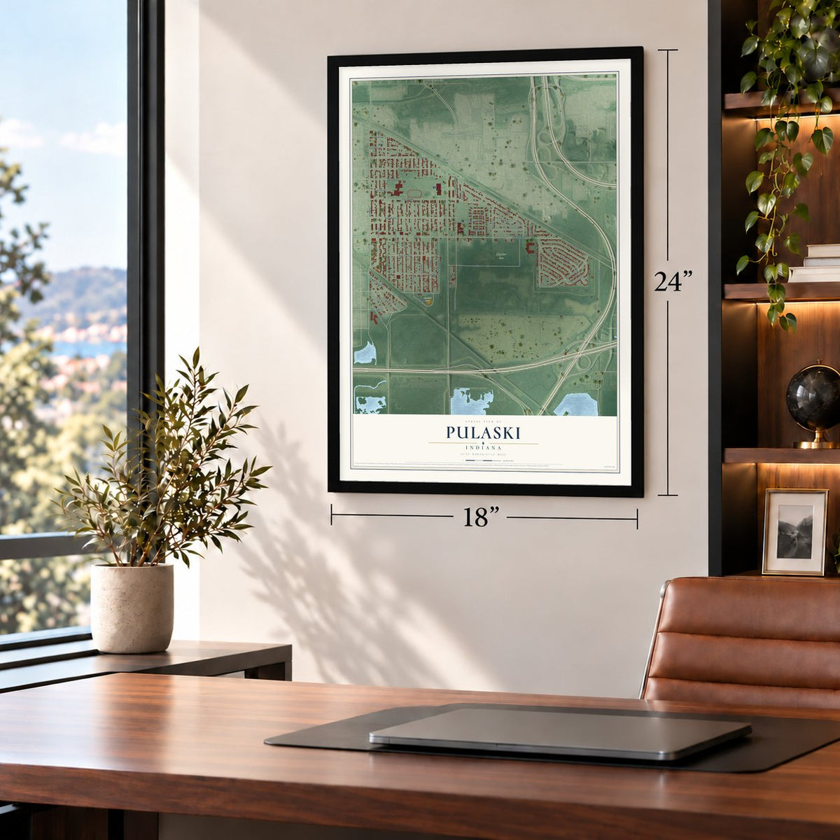 Pulaski, Gary, Indiana map, 18 x 24 inch print in a black frame in a home office