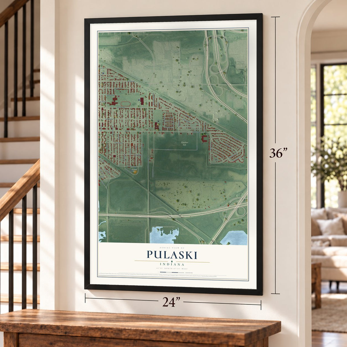 Pulaski, Gary, Indiana map, 24 x 36 inch print in a black frame by a staircase