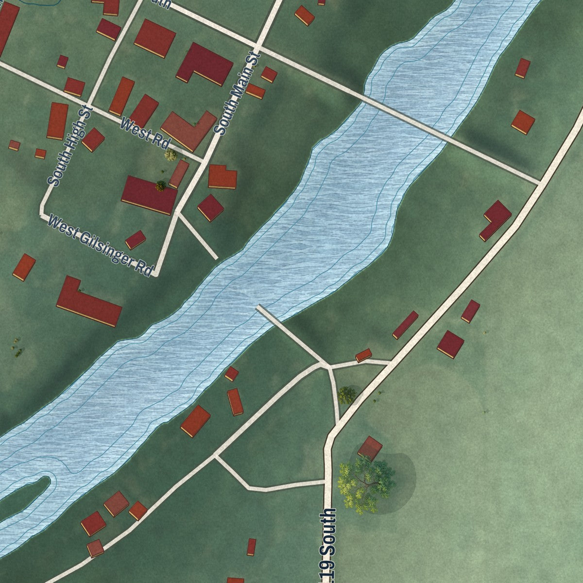 Close-up of the map of Pulaski, Indiana print showing street and building detail
