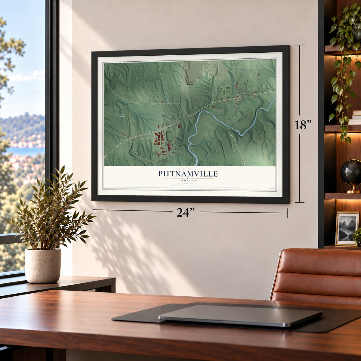 Putnamville, Indiana map, 18 x 24 inch print in a black frame in a home office