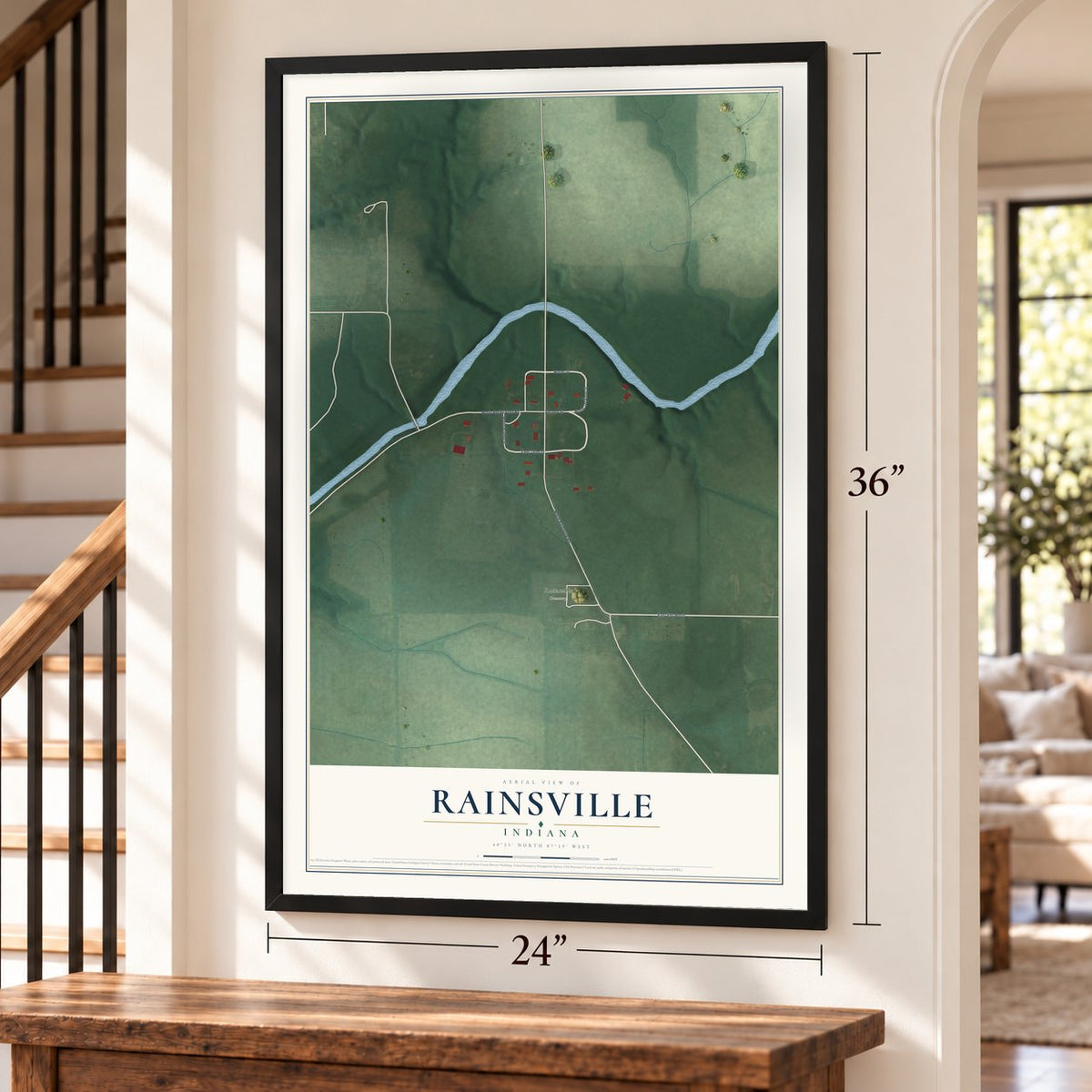Rainsville, Indiana map, 24 x 36 inch print in a black frame by a staircase