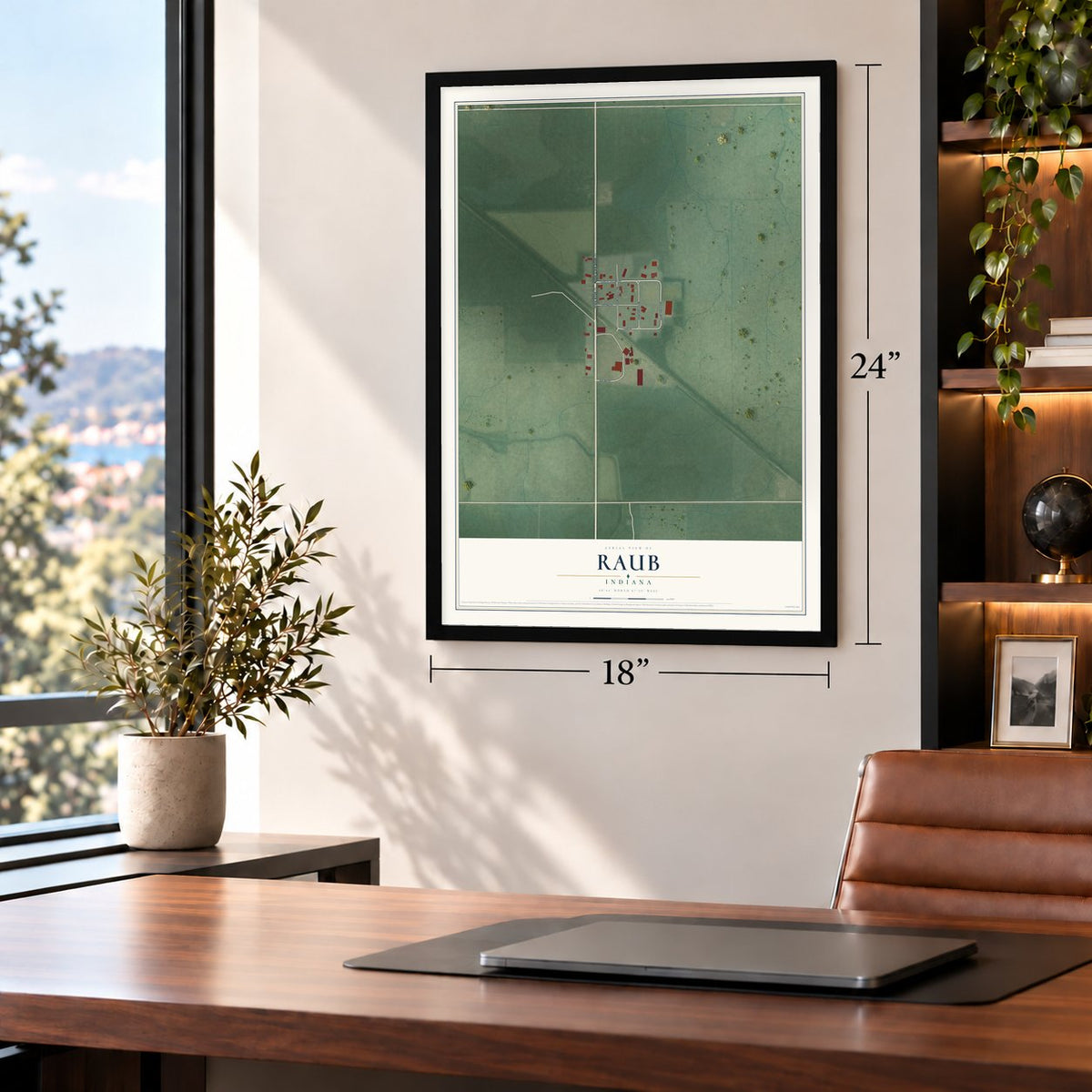 Raub, Indiana map, 18 x 24 inch print in a black frame in a home office