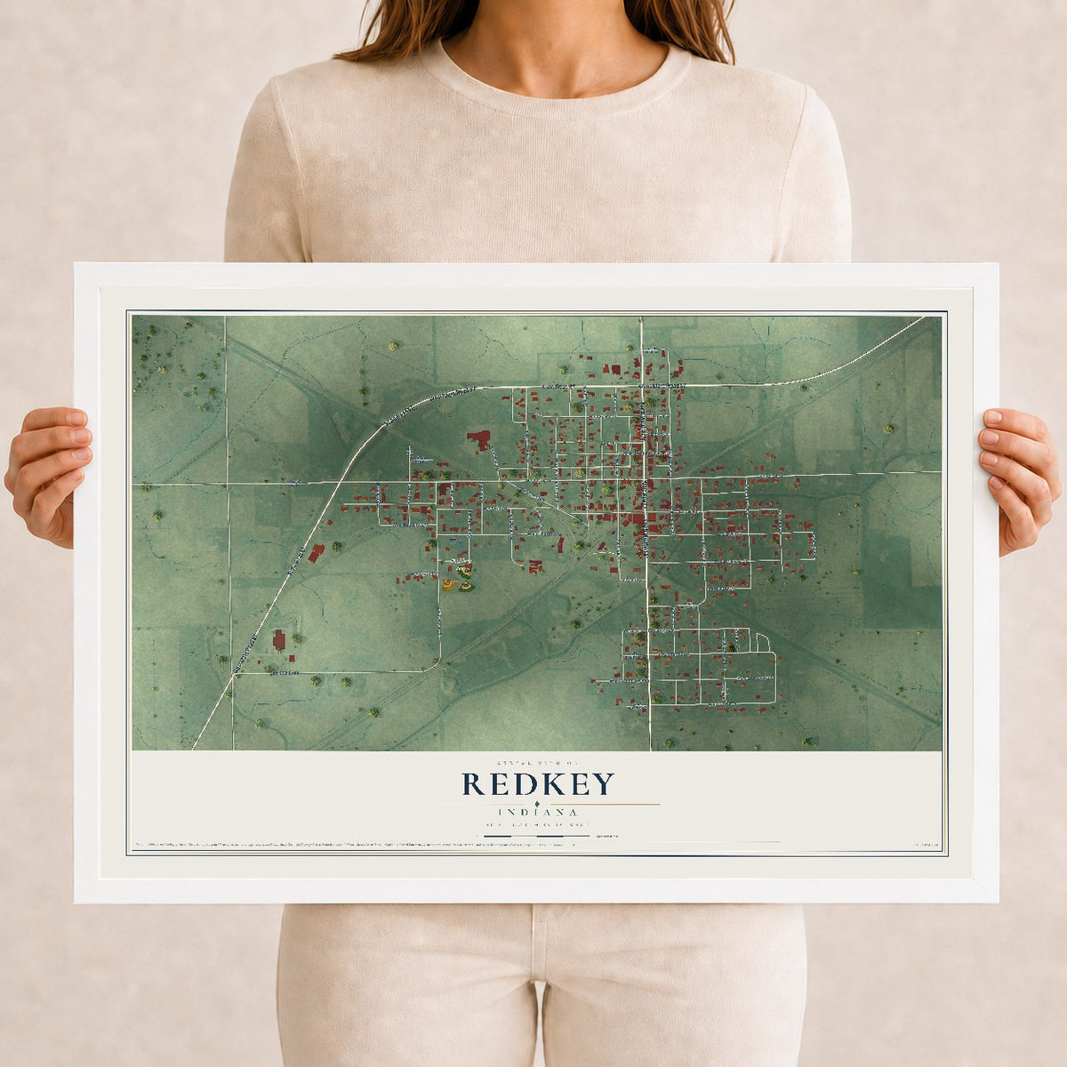 Map of Redkey, Indiana, 12 x 18 inch print in a white wood frame
