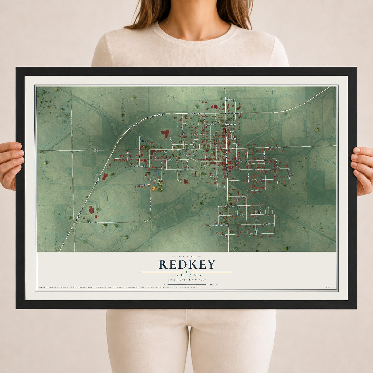 Map of Redkey, Indiana, 18 x 24 inch print in a black wood frame