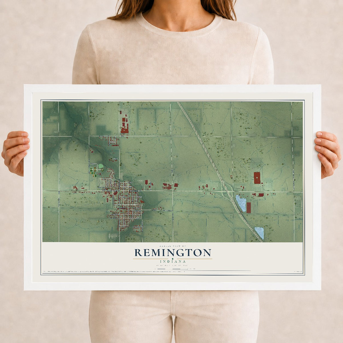 Map of Remington, Indiana, 12 x 18 inch print in a white wood frame