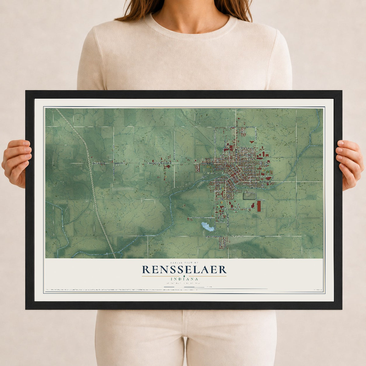 Map of Rensselaer, Indiana, 12 x 18 inch print in a black wood frame