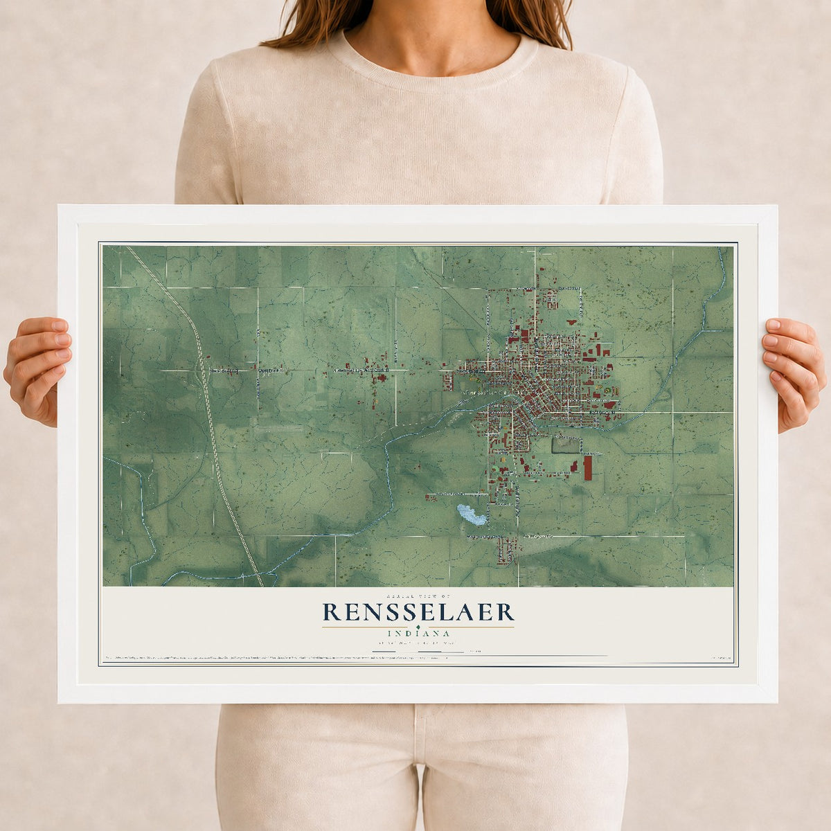 Map of Rensselaer, Indiana, 12 x 18 inch print in a white wood frame