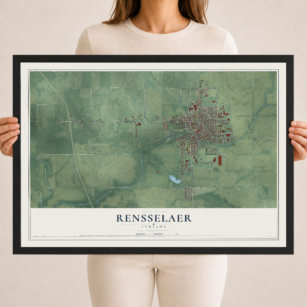 Map of Rensselaer, Indiana, 18 x 24 inch print in a black wood frame
