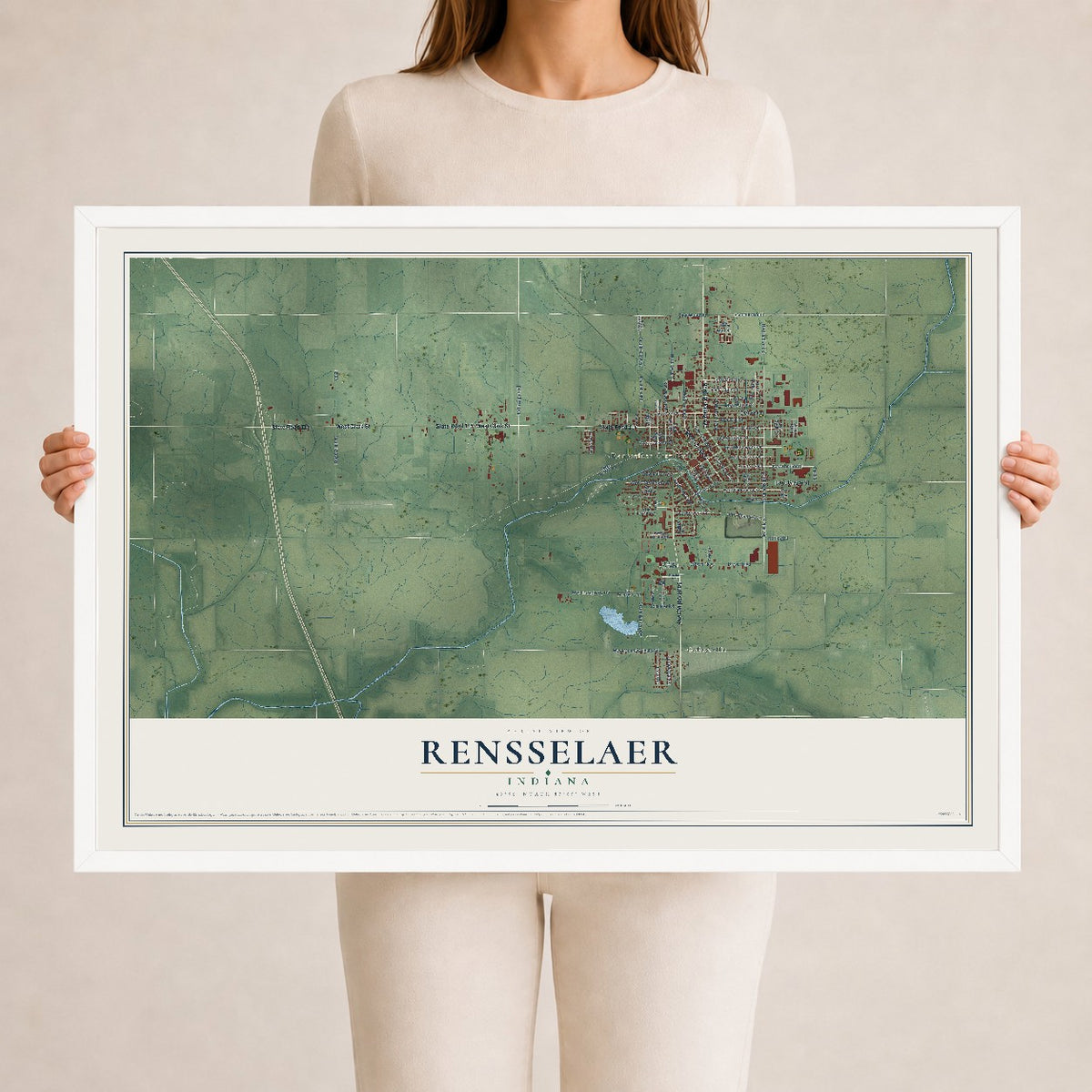 Map of Rensselaer, Indiana, 24 x 36 inch print in a white wood frame