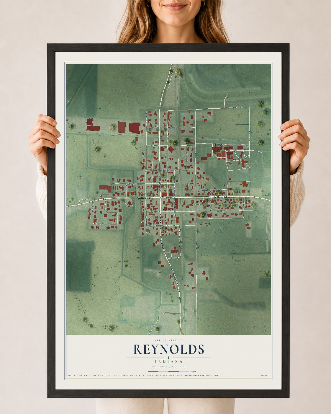 Map of Reynolds, Indiana, 24 x 36 inch print in a black wood frame