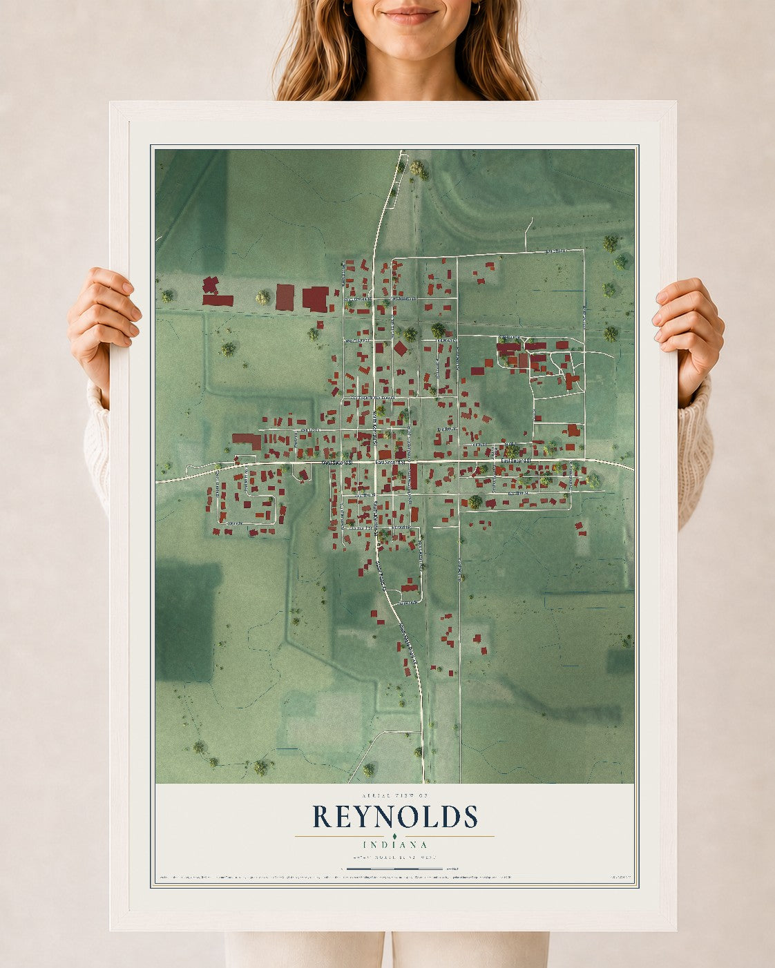 Map of Reynolds, Indiana, 24 x 36 inch print in a white wood frame
