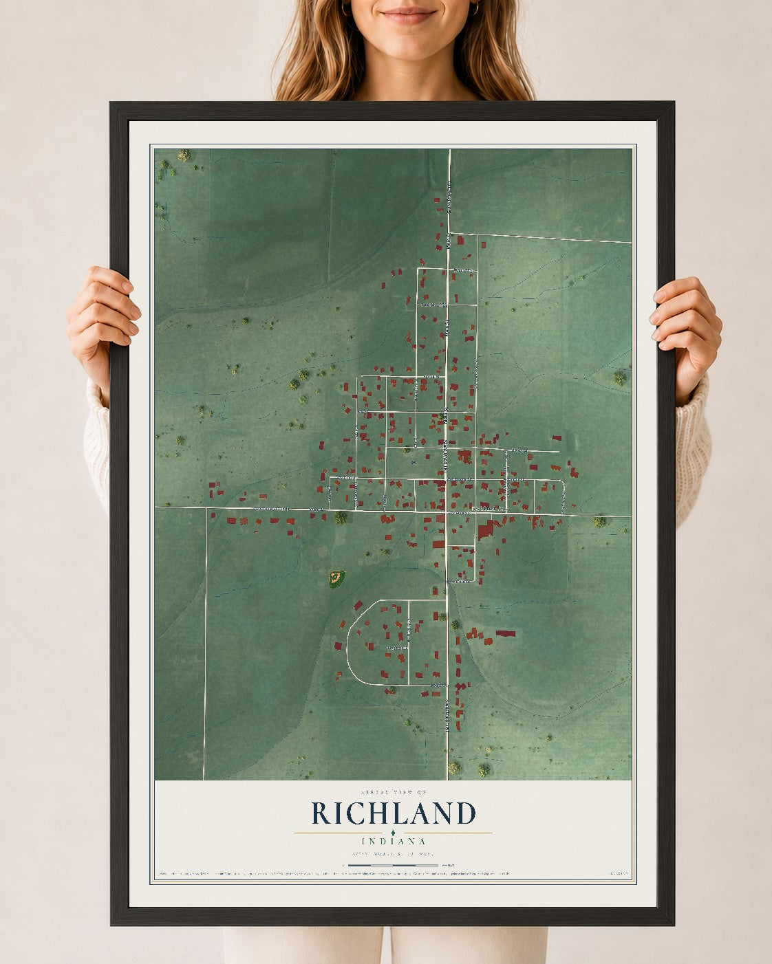 Map of Richland, Indiana, 24 x 36 inch print in a black wood frame