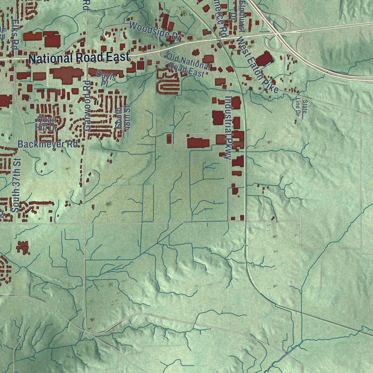 Second close-up of the map of Richmond, Indiana print showing more streets and buildings