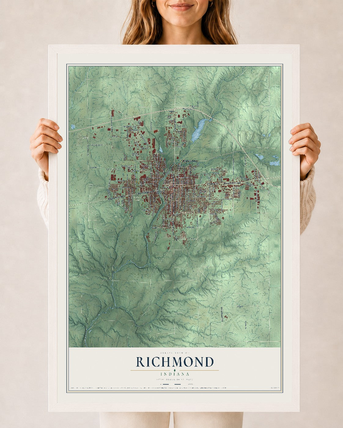 Map of Richmond, Indiana, 24 x 36 inch print in a white wood frame