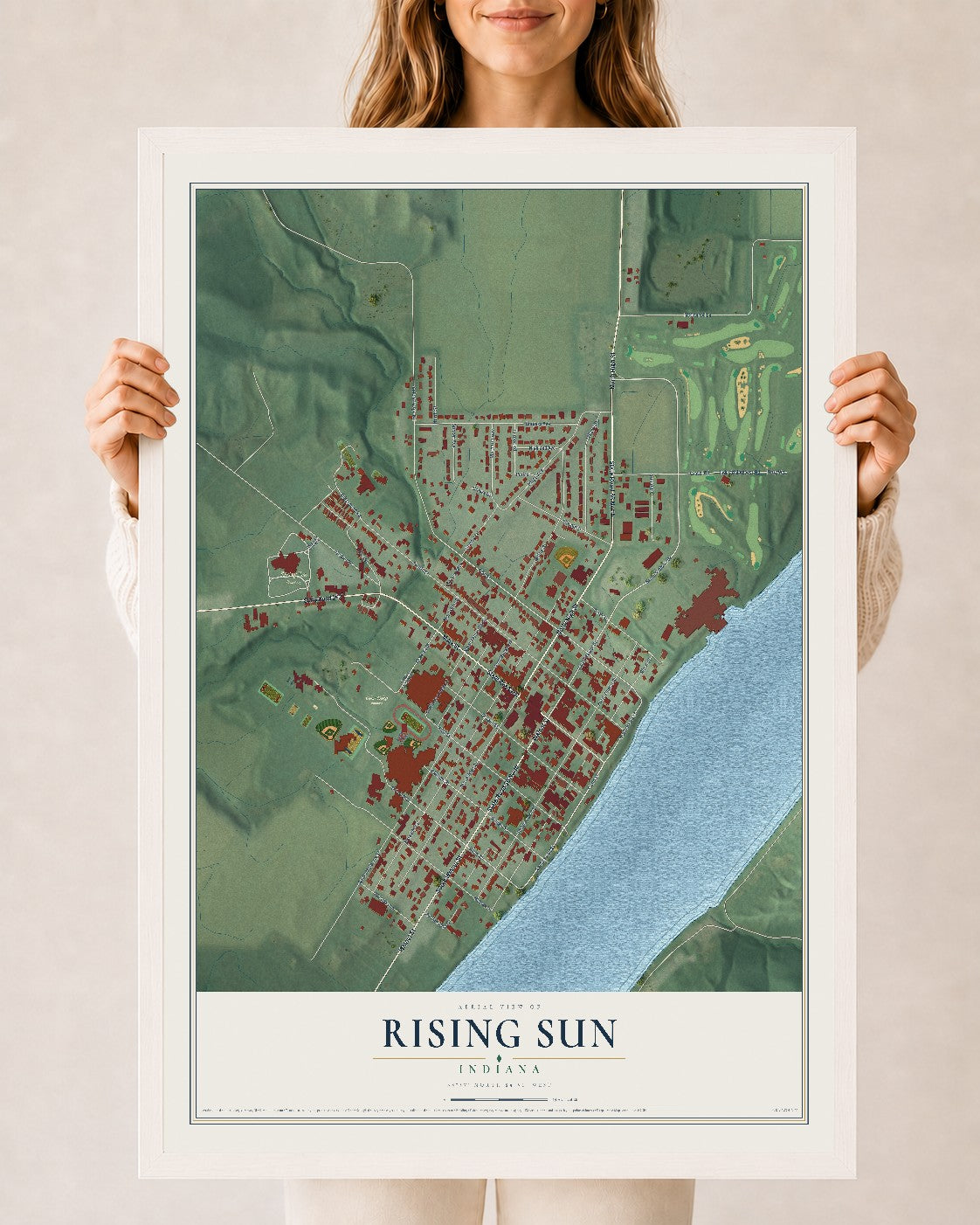 Map of Rising Sun, Indiana, 24 x 36 inch print in a white wood frame