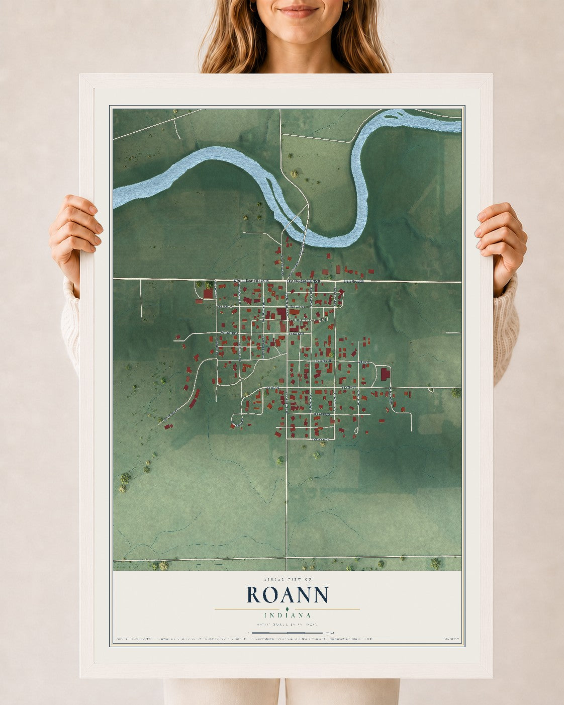 Map of Roann, Indiana, 24 x 36 inch print in a white wood frame