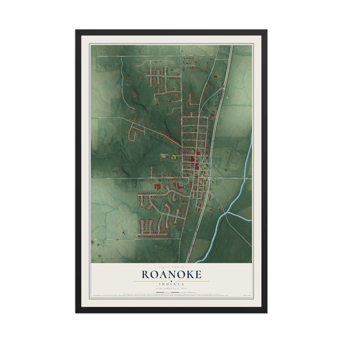 Map of Roanoke, Indiana, 12 x 18 inch print in a black wood frame