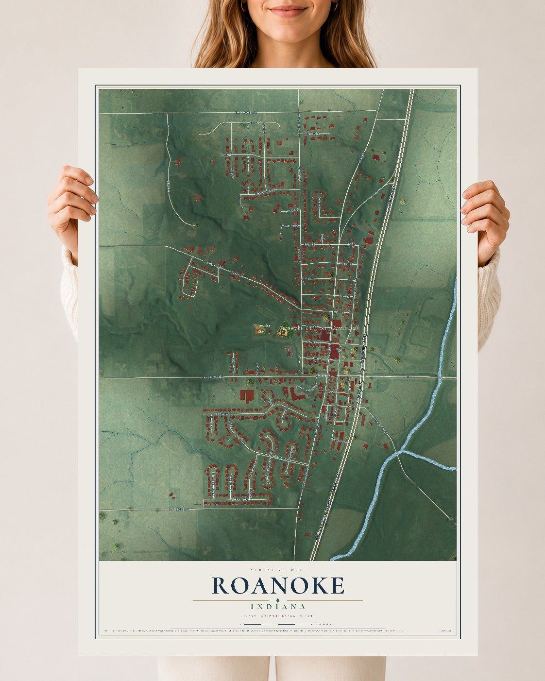 Map of Roanoke, Indiana, 24 x 36 inch unframed archival matte print