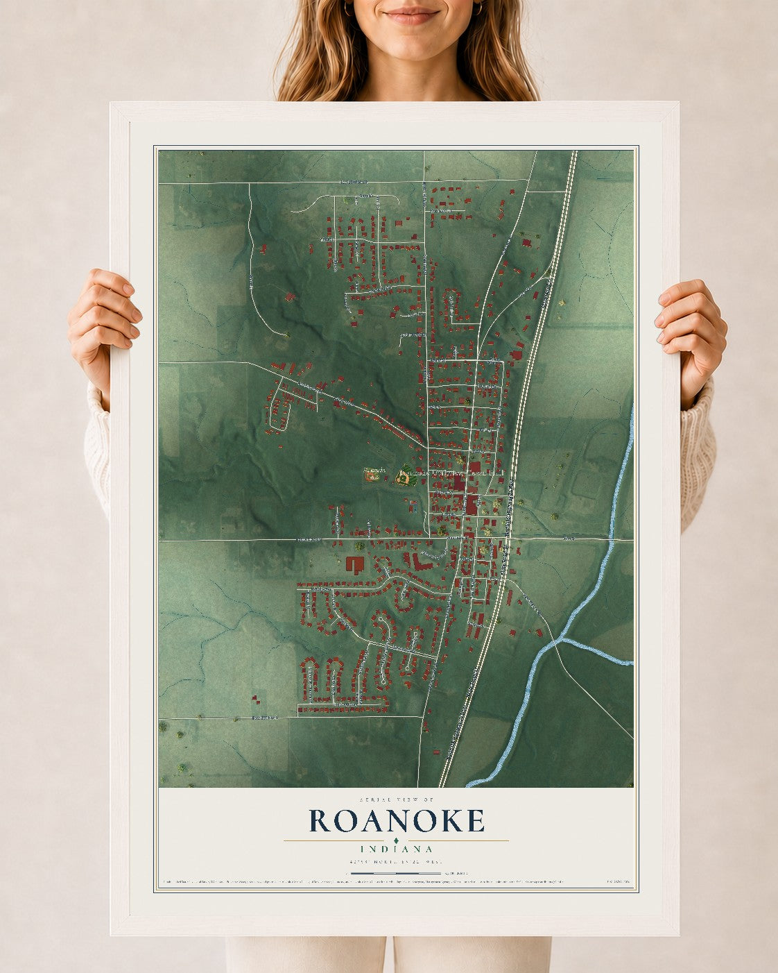 Map of Roanoke, Indiana, 24 x 36 inch print in a white wood frame