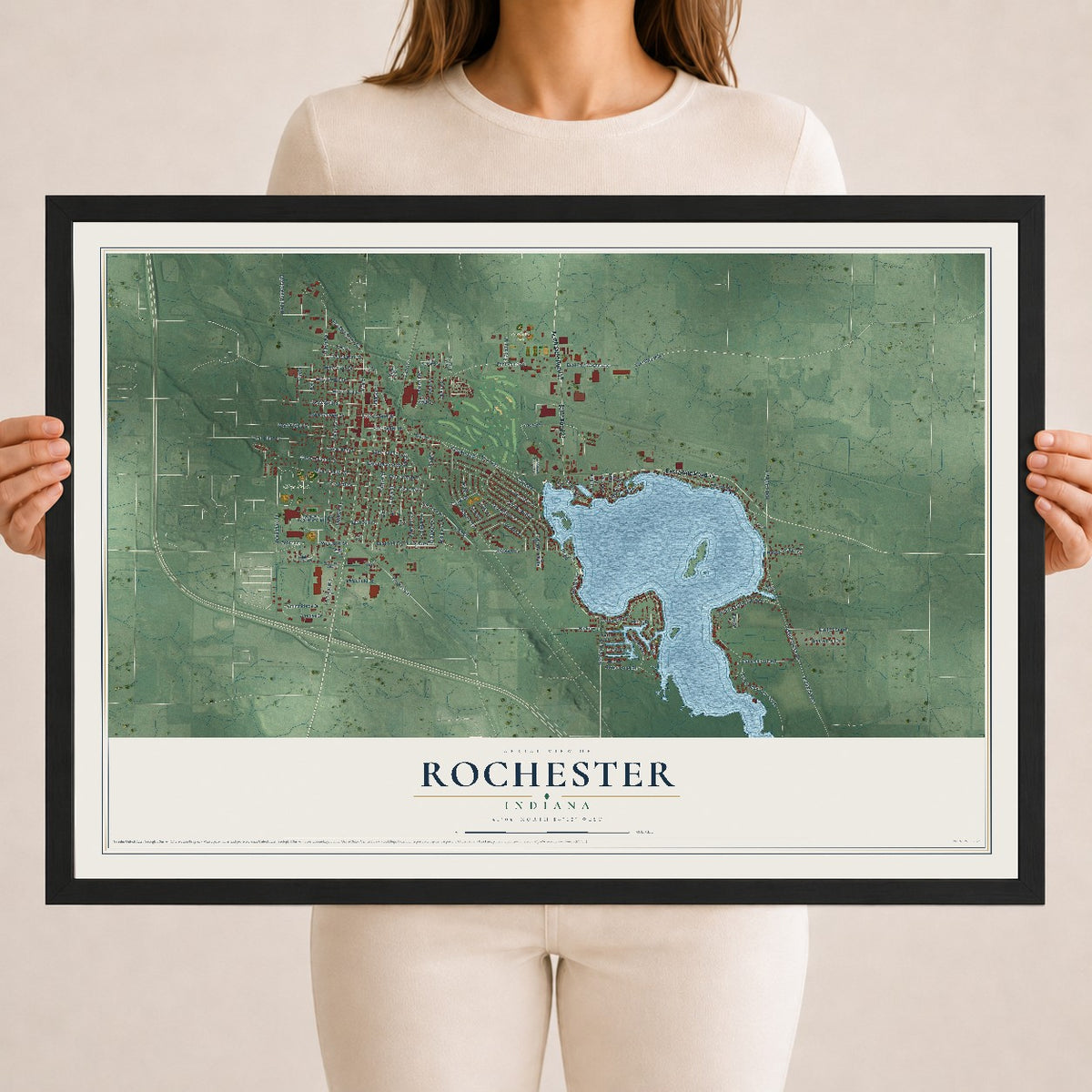 Map of Rochester, Indiana, 18 x 24 inch print in a black wood frame